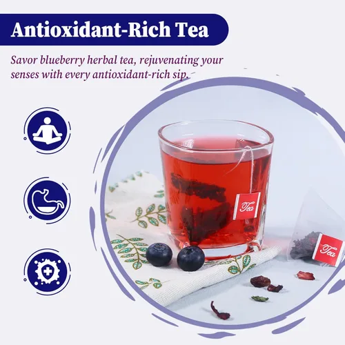 Vista 5 de FullChea - Bolsas de té de arándanos, 50 bolsitas de té, té de hierbas, armoniosa mezcla de arándanos, hibisco, pasas y hojas de menta, aumenta