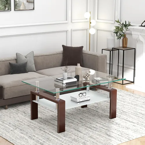 Vista 13 de Meihua Mesa de Centro de Vidrio Rectangular de 2 Niveles Mesa de Té Mesa de Centro Moderna para Sala de Estar