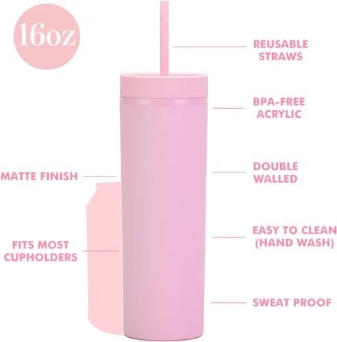 Vista 2 de Essasea Vasos de color rosa claro mate con tapas y popotes. Vasos delgados de 16 onzas a granel. Vasos acrílicos de plástico de doble pared