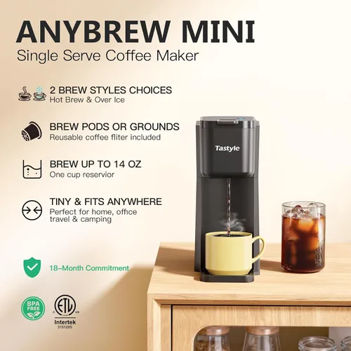 Vista 2 de Tastyle Mini Cafetera de Café Caliente y Helado de Una Sola Porción, para Cápsulas K y Molido, Tamaños de Preparación de 6 a 14 Oz, con Libro