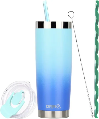 Vista 19 de Drinco - Vaso de acero inoxidable de 20 onzas Taza aislada al vacío de doble pared con tapa, 2 popotes, para bebidas calientes y frías