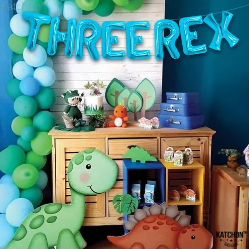Vista 8 de Katchon, Globos grandes azules de tres Rex – 16 pulgadas, tres decoraciones de cumpleaños Rex para niños, globos de dinosaurios para decoración