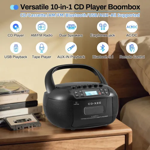 Vista 3 de Combo de reproductor de CD y cassette, reproductor de CD Boombox con Bluetooth AM/FM Radio AUX/USB, grabación de cinta, conector de auriculares