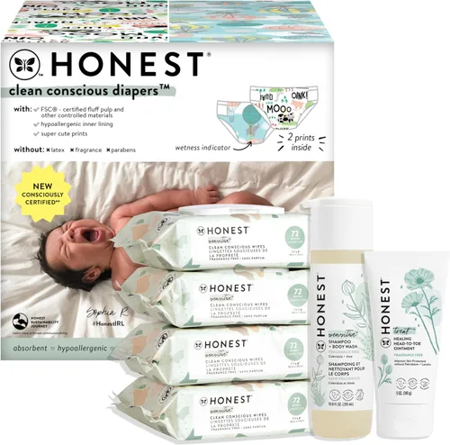 The Honest Company Paquete de artículos esenciales de género neutro para recién nacidos, derivados naturalmente, hipoalergénicos, sin fragancia,