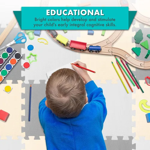 Vista 53 de ProSource Alfombra de espuma para rompecabezas para niños y bebés con colores sólidos, 36 o 16 azulejos encajables con bordes, Negro/Gris/Blanco