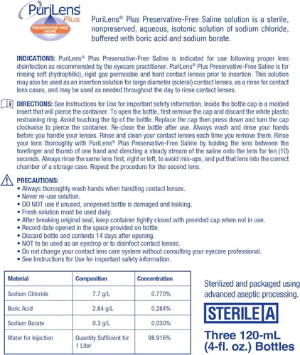 Vista 4 de Purilens Plus, solución salina sin conservantes para lentes de contacto, 120 ml (4 fl. oz), paquete de 3