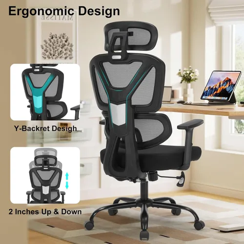 Vista 5 de Silla de oficina ergonómica, silla de escritorio ergonómica con altura ajustable, soporte lumbar, silla de computadora de malla de respaldo alto