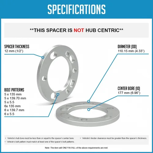 Vista 5 de Accesorios de Rueda Partes 2 Piezas Espaciadores de Rueda Fundidos a Presión 12mm 1/2" de Grosor Se Adaptan a Patrones de Pernos 5x135mm 5x139.7mm