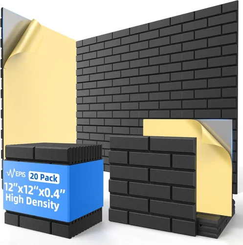 Vista 21 de Paquete de 20 paneles acústicos autoadhesivos, paneles de espuma de alta densidad a prueba de sonido de 12 x 12 x 0.4 pulgadas para paredes, paneles