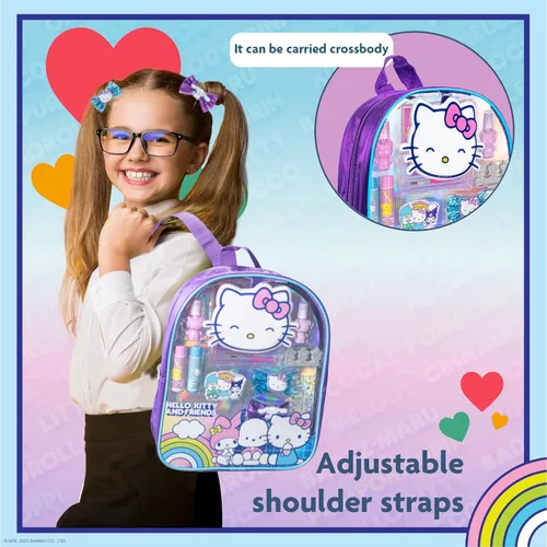 Vista 3 de Set de maquillaje Hello Kitty y sus amigos con mochila llena con 12 piezas, incluyendo brillo de labios, esmalte de uñas, piedras para uñas y otros