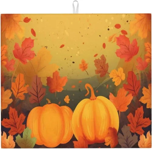 Vista 26 de Tapete de secado de platos de hojas de otoño para encimeras de 18 x 16 pulgadas, almohadilla protectora para escurridor de platos con lazo