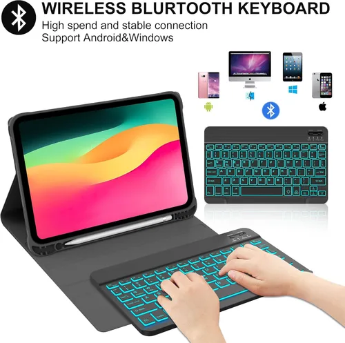 Vista 3 de KVAGO Funda para iPad (A16) de 11ª y 10ª generación con teclado, teclado desmontable inalámbrico retroiluminado de 7 colores, funda de teclado folio