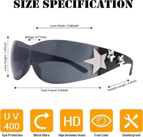Vista 3 de BOTEN Star Y2K - Gafas de sol para mujer, sin montura Y2K envolventes, 2000S, estética de moda Y2K