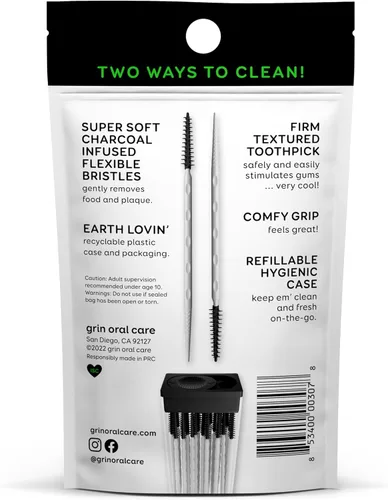 Vista 2 de Grin Softstx con infusión de carbón, púas dentales suaves, 90 unidades, cerdas suaves y flexibles, palillo de dientes texturizado, sabor a menta