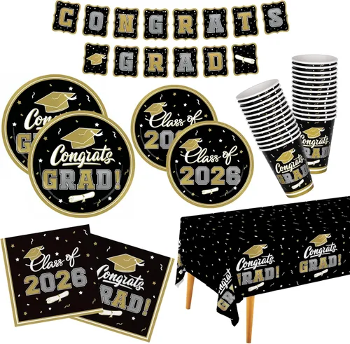 Decoraciones de graduación de clase de 2026, juego de vajilla de fiesta de graduación de graduación negro y dorado, platos de papel desechables,