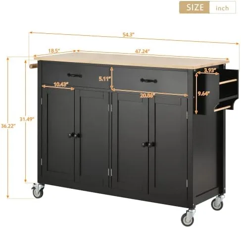 Vista 7 de Elefesign FridayParts FridayParts - Carrito de isla de cocina con parte superior de madera maciza y ruedas de bloqueo, 54.3 pulgadas de ancho