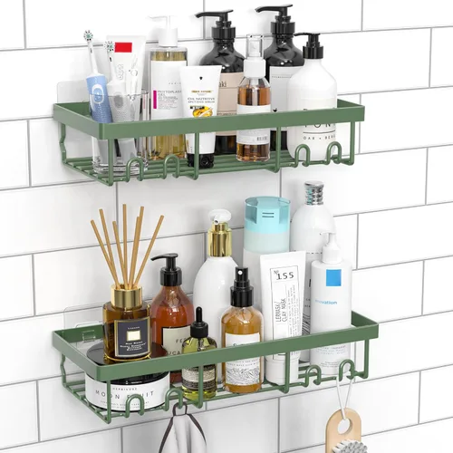 Vista 17 de Moforoco Estante organizador de estante para ducha, cesta autoadhesiva negra para estantes de baño, decoración interior de pared de casa de campo