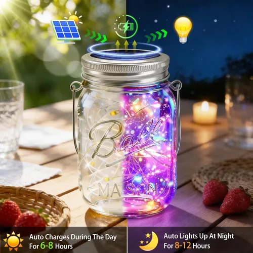 Vista 7 de VOOKRY Paquete de 6 luces solares para tarros de masón, 30 tapas LED para tarros de masón, impermeables, con 6 ganchos (sin tarros), para patio al