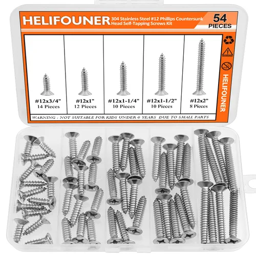 Vista 11 de Juego de tornillos de madera #2 x 1/4" 3/8" 1/2" 5/8" 3/4", HELIFOUNER 240 piezas de kit de surtido de tornillos autorroscantes con cabeza Phillips