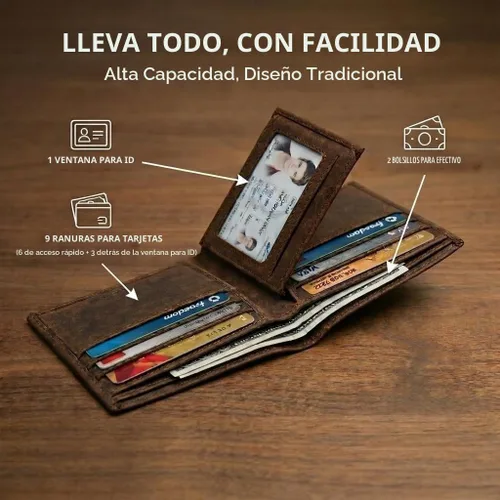 Vista 2 de Billetera plegable de cuero RFID premium para hombre Cuero de grano completo, protección RFID, Marrón (Chestnut Brown), Talla única, Minimalista