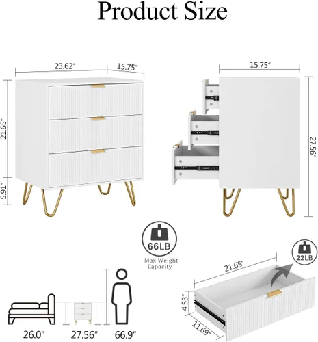 Vista 2 de Cómoda blanca para dormitorio, moderna cómoda acanalada de 3 cajones con almacenamiento, cómoda con asas doradas para dormitorio, sala de estar