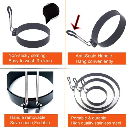 Vista 3 de Juego de olla de huevos de acero inoxidable, anillo de tortilla de 8 pulgadas, anillo para panqueques de 6 pulgadas, anillo de huevo de plancha de 4