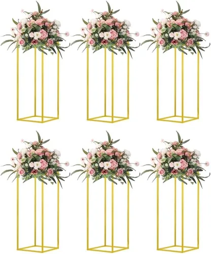 Vista 7 de Jarrones de columna de 15.75 pulgadas, 2 piezas de centros de mesa dorados para mesa, soporte de flores de metal, centros de mesa de boda dorados