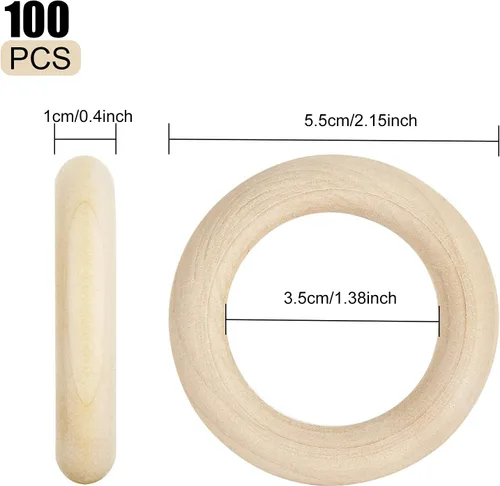 Vista 2 de 100 anillos de madera para manualidades, anillos de madera de 2 pulgadas para manualidades, anillos de madera sin terminar de 2.165 in, naturales