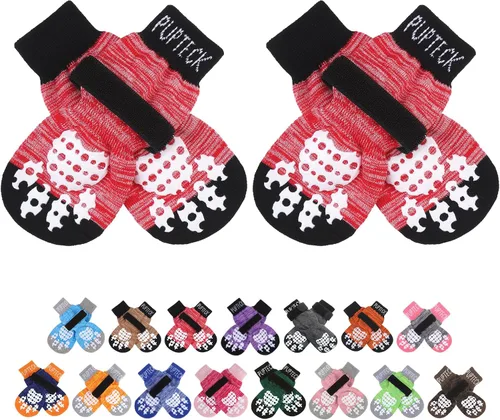 Vista 11 de PUPTECK Calcetines antideslizantes de doble cara para perro con correas ajustables para uso en interiores, 2 pares de calcetines de control