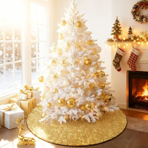 Vista 7 de Falda de lentejuelas para árbol de Navidad, 48 pulgadas, doble capa, para bodas y fiestas