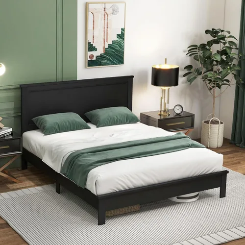 Vista 13 de Giantex Base de cama de plataforma de madera individual con cabecero, marco de cama de mediados de siglo con patas de madera maciza y soporte