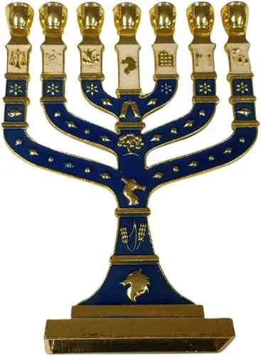 Jerusalem Temple Menorah - Portavelas de metal con 7 ramas, 12 tribus de Israel, 4.7 pulgadas (oro/azul)