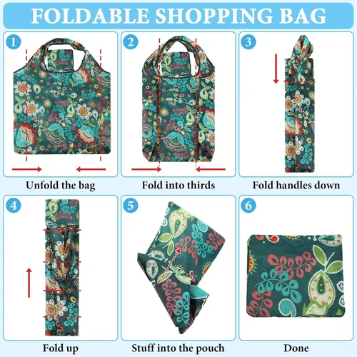 Vista 6 de Shappy Paquete de 25 bolsas de compras reutilizables, bolsas de comestibles florales, bolsas plegables, lavables a máquina, impermeables, ligeras
