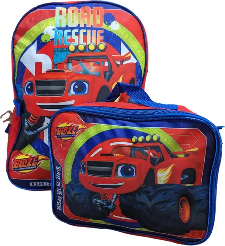 Vista 3 de Ruz Blaze the Monster Machine Mochila de tamaño completo de 16 pulgadas con lonchera desmontable, Rojo, multi color, Combo de almuerzo con mochila