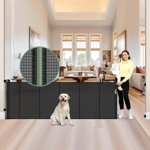 Vista 10 de Puertas de bebé retráctiles reforzadas de 55" de ancho con tiras reforzadas, puerta retráctil para perros interior/exterior para puerta, evita