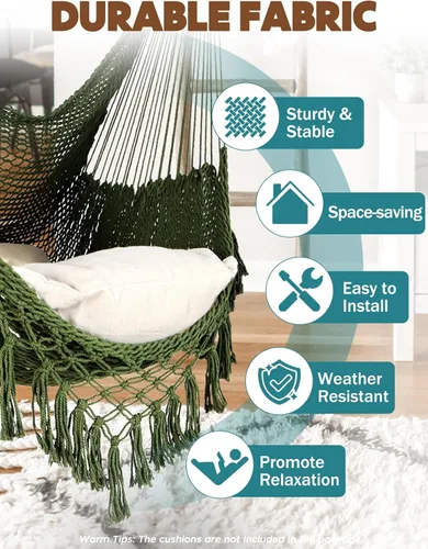 Vista 2 de Chihee - Silla de Hamaca Extra Grande, Sillas Colgantes Suavemente Tejidas con Cuerda de Algodón, Barra de Metal Plegable y Resistente, Asiento