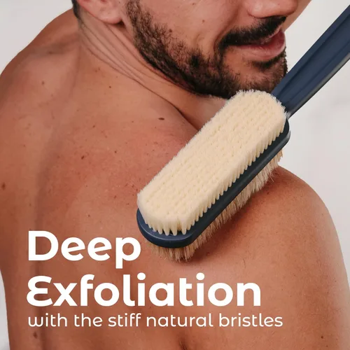 Vista 6 de MainBasics Cepillo Exfoliante para Ducha – Cepillo de Mango Largo de Doble Cara para Lavado Corporal y Frotación con Cerdas Exfoliantes y Suaves