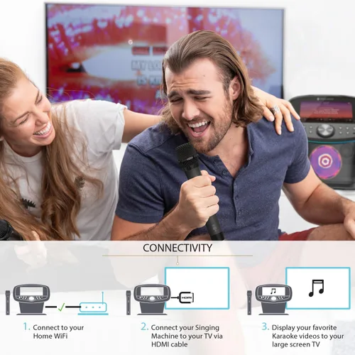 Vista 8 de Singing Machine Platinum Plus – Máquina de Karaoke Wi-Fi para Adultos y Niños con 2 Micrófonos Inalámbricos, Altavoz Bluetooth para Fiestas, Efectos