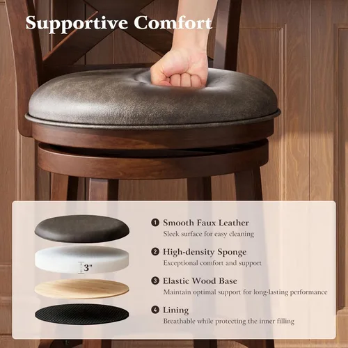 Vista 5 de ALPHA HOME Swivel Bar Stools with Backs, 26 Inch Bar Stools Set of 2, Wooden Bar Stools, 360 Degrees Bar Chairs with Solid Wood Legs & Wrap-Around