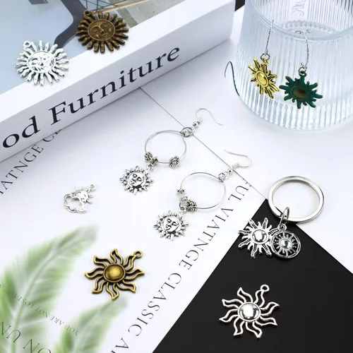 Vista 6 de JIALEEY Dijes de sol celestial, 42 piezas mezcladas de oro antiguo plateado bronce colores sol sonrisa colgantes DIY para collares, pulseras