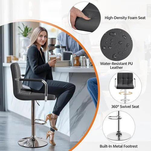 Vista 6 de Yaheetech Bar Stools Set of 2, Adjustable PU Leather Swivel Barstools, Modern Counter Stools with Back and Footrest, Counter Height Barstools for