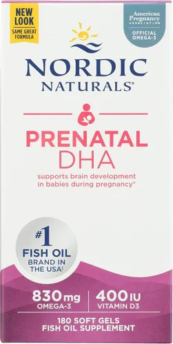 Nordic Naturals DHA prenatal, sin sabor, 830 mg de omega-3 + 400 UI de vitamina D3-180 geles blandos - Apoya el desarrollo cerebral en bebés durante