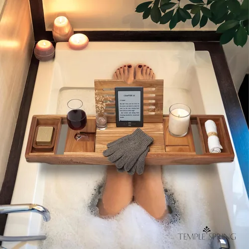 Vista 8 de Bandeja de bañera de madera Temple Spring, accesorios de baño de acacia, bandeja de baño para tina, elementos esenciales para spa en casa, tablero