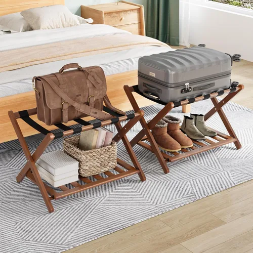Vista 14 de Smuxee Portaequipajes de nogal totalmente montado, soporte de maleta plegable de bambú mejorado con 5 correas de nailon, soporte de equipaje
