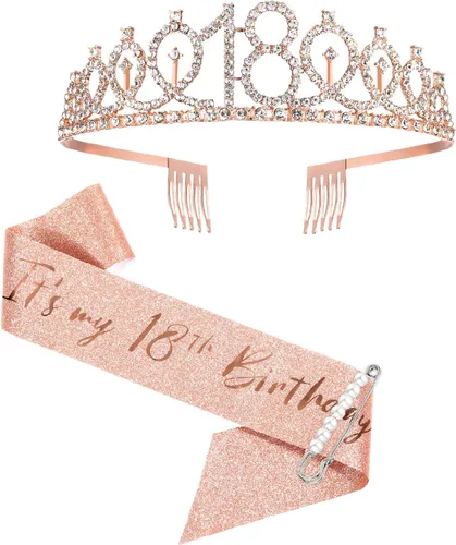 Corona de banda de cumpleaños de oro rosa 18 y fabulosa banda y tiara para niñas, regalos de cumpleaños de 18 para suministros de fiesta
