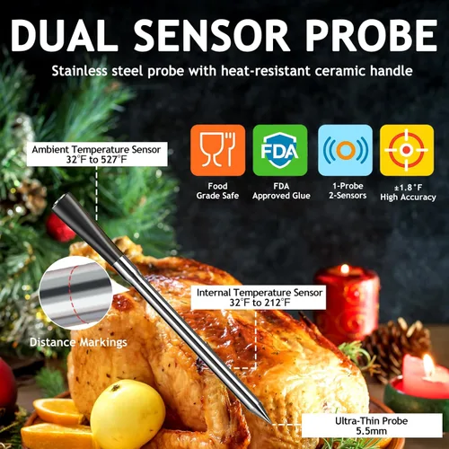 Vista 4 de Termómetro digital inalámbrico para carne con rango de 800 pies, termómetro Bluetooth 5.3 para alimentos con sonda de doble temperatura, pantalla