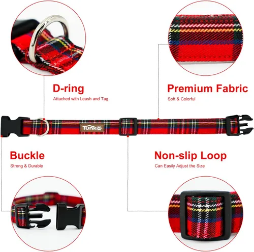 Vista 3 de Tunkoo Collar de perro a cuadros de Navidad, lindo collar rojo ajustable para perros machos y hembras, collar para perros con hebilla de plástico