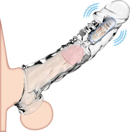 KVEVU Funda reutilizable para pene con anillo vibrador, manga transparente de 9.1 cm para pene, extensor de anillo de pene, agrandador ultra suave