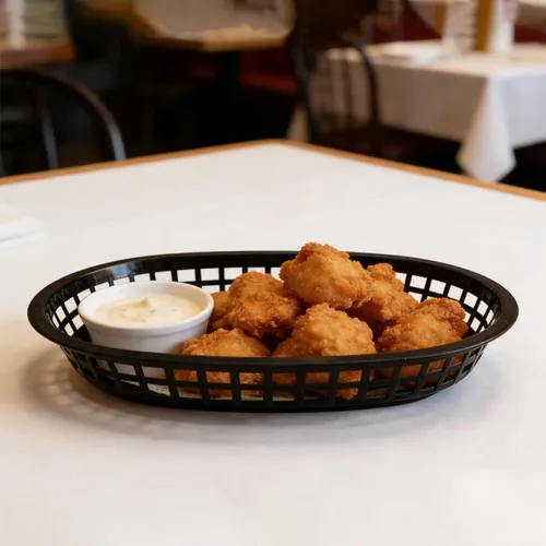 Vista 6 de Paquete de 30 cestas de plástico negro de 10.5 x 7 pulgadas, cestas de servicio de restaurante, cesta plana ovalada de comida rápida para picnic