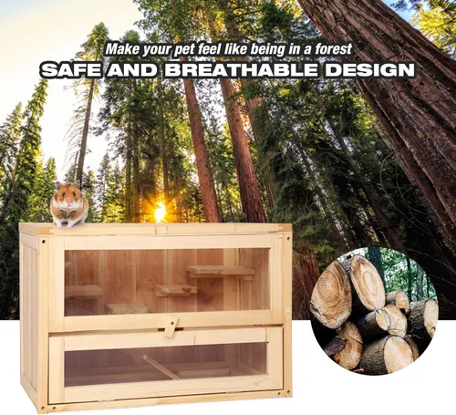 Vista 3 de Jaula para hámster de 2 niveles de lujo, cabaña de madera, hábitat de casa de juegos de animales pequeños con estante y escalera